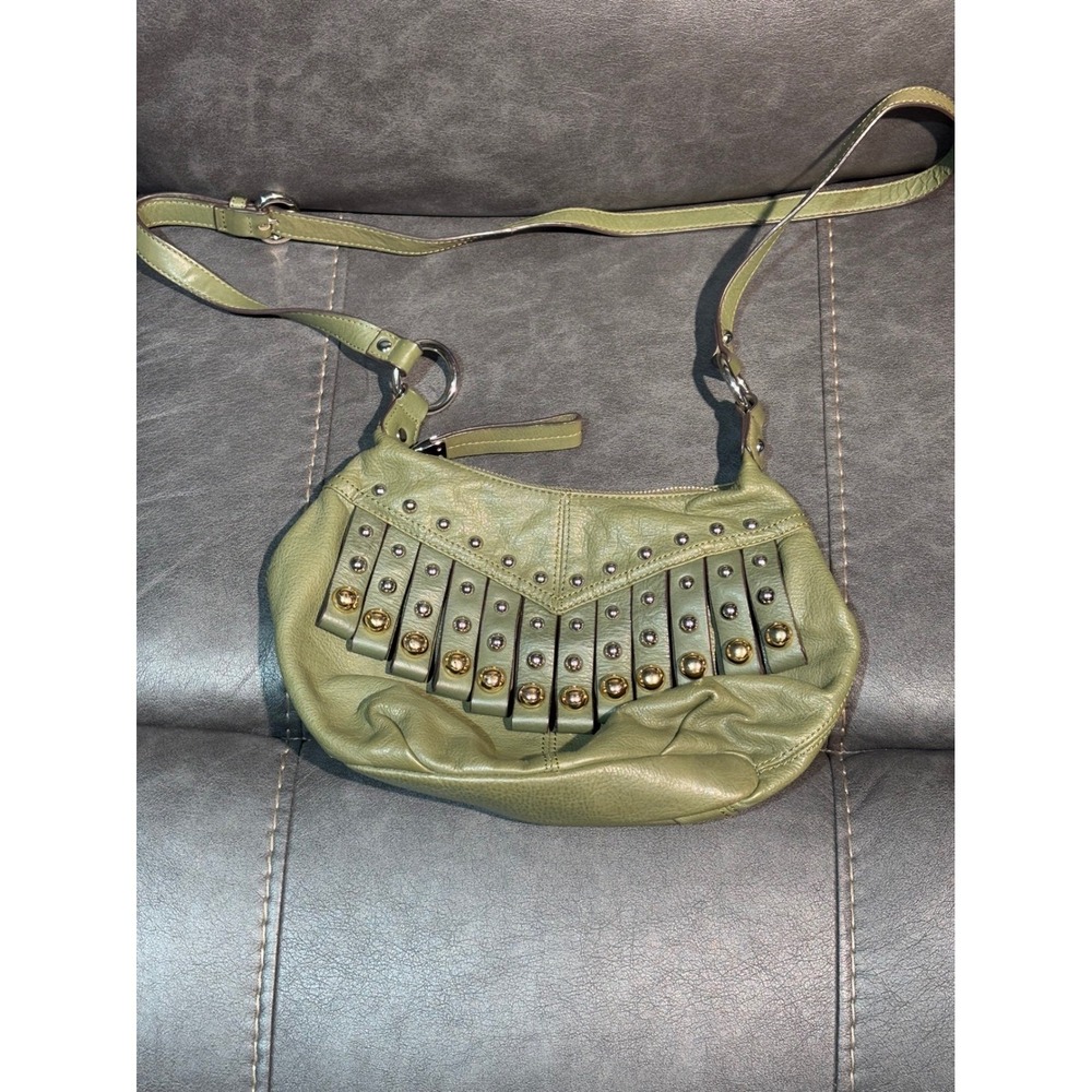 B. Makowsky Olive Green Leather Studded Fringe‎ Crossbody Bag Small Hobo Studs